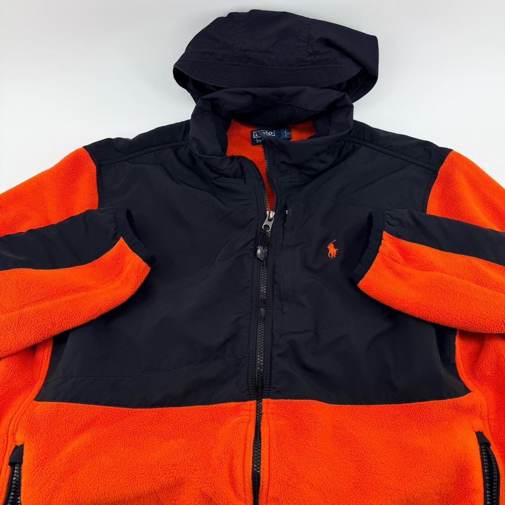 Vintage Polo Ralph Lauren Polartec Fleece Hood Jacket Colorblock XL Orange Black